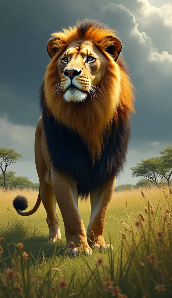 Fierce lion with piercing eyes, his mane moving with the wind in a verdant savannah, sparse trees and tall grass, storm approaching on the horizon, feeling of tension and preparation for the hunt, oil painting on canvas, dense and detailed brushstrokes, --ar 16:9 --v 5