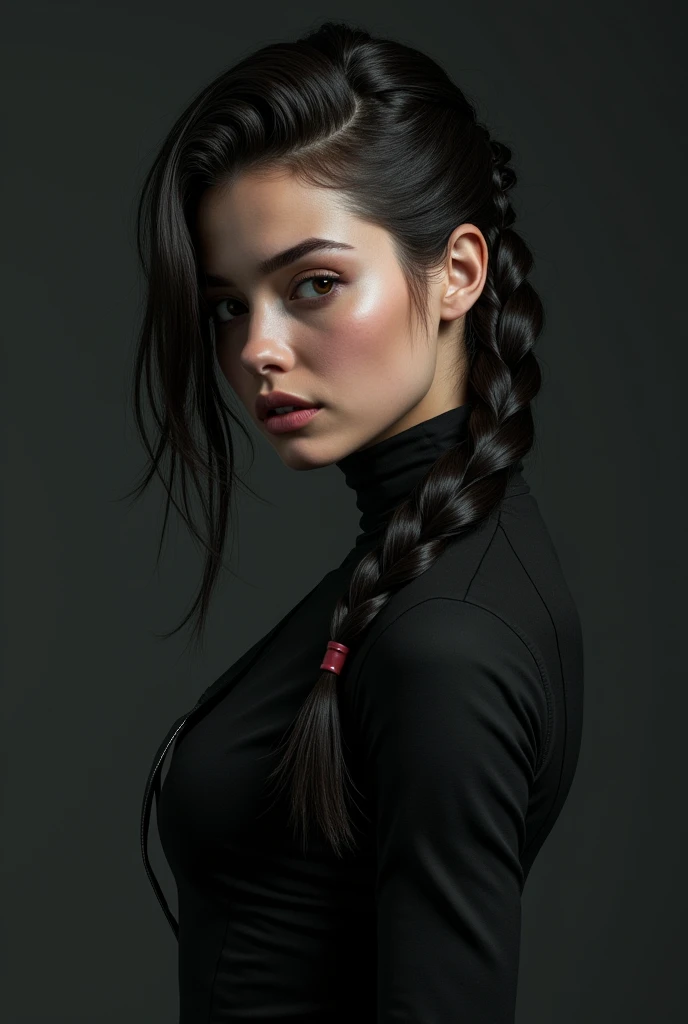 (photorealism:1.2), Can you generate a picture of a girl with a side hairline sleek hair , and a long braid.

She's wearing a sleek black design full sleeves (like a mafia or a bikerider)

Make her look cold .