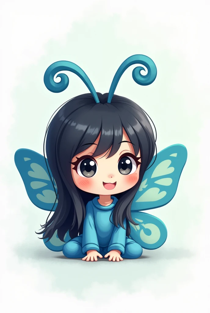 A cute little butterfly with long straight black hair and a blue outfit on a white background in the shape of a cartoon for a brand logo and that it is a little less white and that it is looking at the screen and that it is small and cute like a cartoon