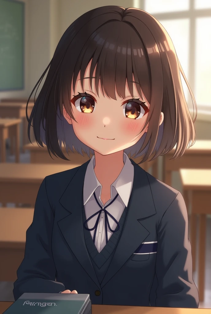 Highest quality, Face Focus, Soft Light, Ultra-high resolution, (Realistic:1.4), RAW Photos, 1 Japanese girl, alone, cute, (A shy smile:0.5), (Brown eyes, Light in your eyes), Beautiful face in every detail, (Small box),(High resolution detail of human skin texture), (Short Bob Hair), break, In the classroom,Navy uniform, Best, skirt