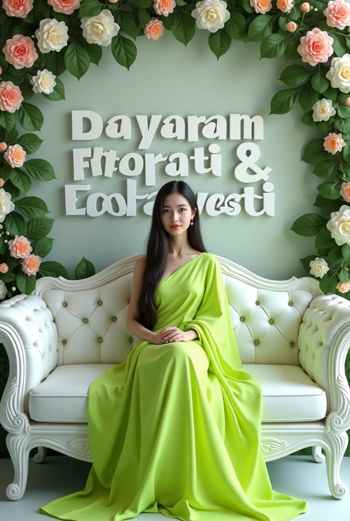 Create 3D picture of a beautiful 1 girl sitting on the white sofa set chair, the girl is wearing a neon green saree, background wall decorate in flower and leaves and written on capital Big font white colour Dayaram and Parvati are colour look like angel.