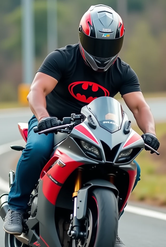 Mid sized guy riding yamaha r15 v3 with red and grey color, wearing grey red helmet, black tshirt with red batman logo, blue jeans, grey adidas shoes