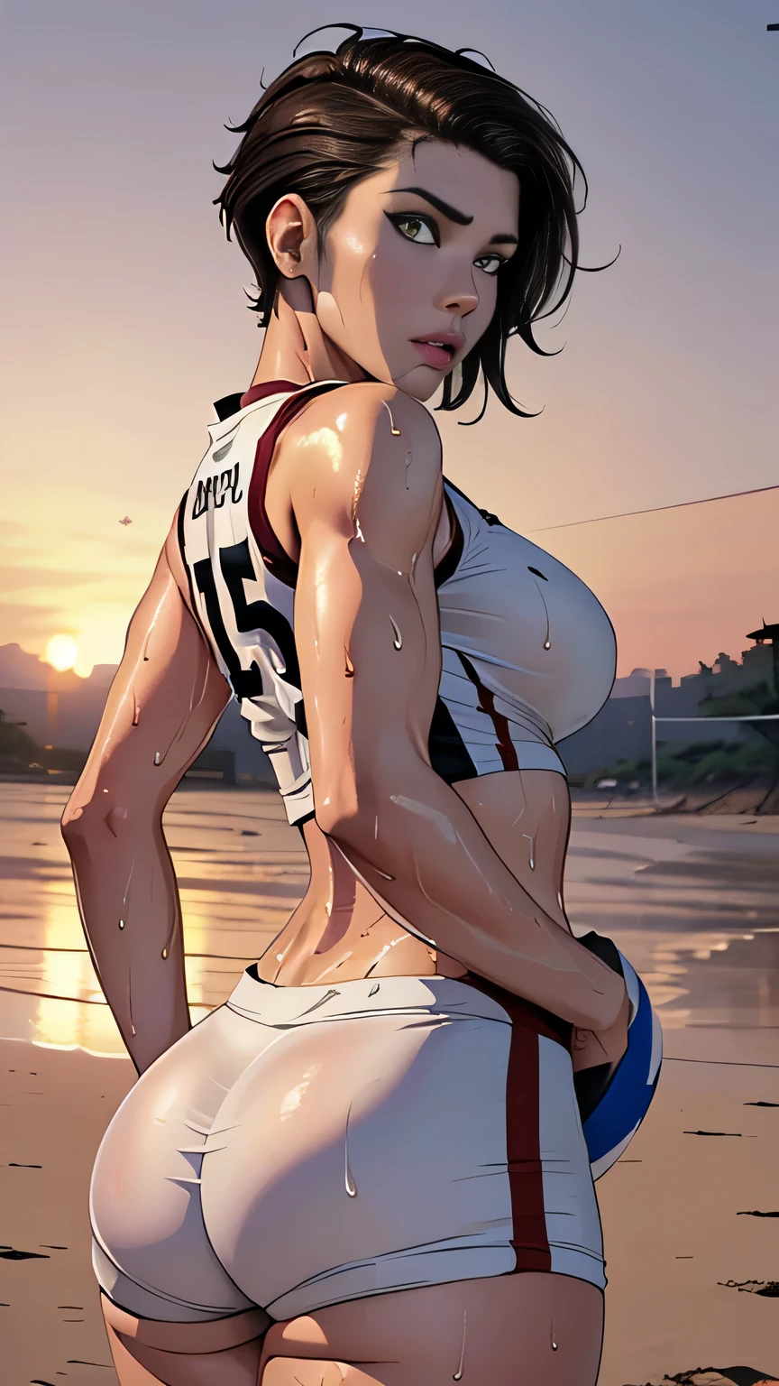 photo of mlp Meowko, RAW, beautiful woman, ((portrait)), ((detailed face:1.2)), ((anime face, anime facial feature, beautiful anime mouth, clear skin, clear skin), (short messy lesbian haircut, one shaved side, brunette: 1.55), (perfect proportioned body, Strong, muscular, narrow waist, narrow hips, skinny, large breasts), (shot from behind to capture shorts stuck up in ass crack, (A girl playing volleyball, white volleyball uniform), (sweating:1.2), (wet), sexy), (Beach sandy, sunset on the water, evening), (realistic photo, best quality, detailed), (8k wallpaper), (cinematic lighting, beautiful light, (day:1.3)) (sharp focus, intricate)