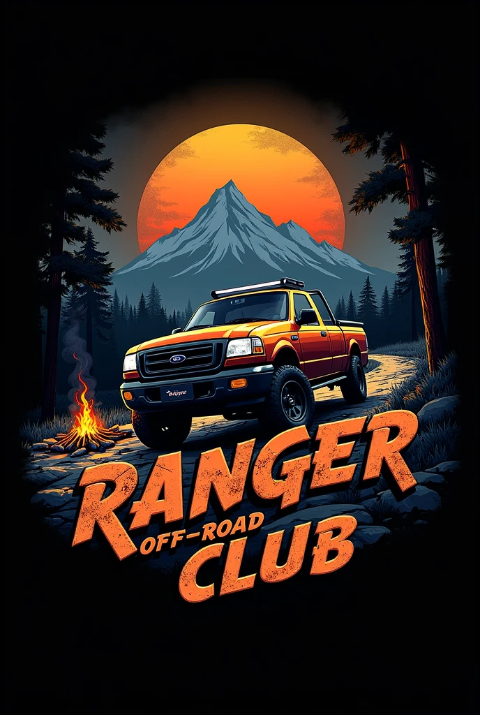 Design for sticker a highly realistic abstract 3D rendered logo illustration in dark tones for(Ford ranger 1998) featuring an RANGER CLUB theme. The main elements include large, cracked-stone-style orange text with the words '4x4' and 'OFF-ROAD,' along with 'THAILAND' Incorporate the Thai flag into the design. The vehicle should be depicted navigating a rocky road, with elements like a campfire, a tent, and a large mountain in the background. Surround the scene with trees, grass, and a large orange sun setting behind the mountains. All these elements should be set against a black background for a striking contrast.