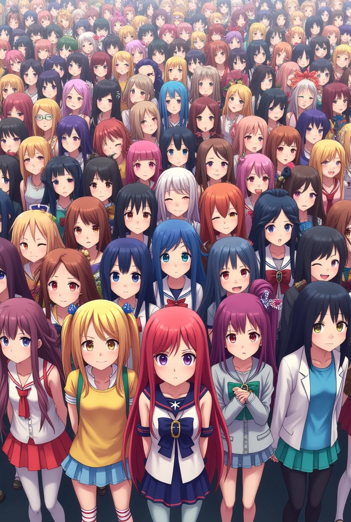 5,000 long-haired anime girls wearing colorful short skirts, colorful stockings, and hirajuku are pressed against each other, smiling slightly and taking a frontal group photo.