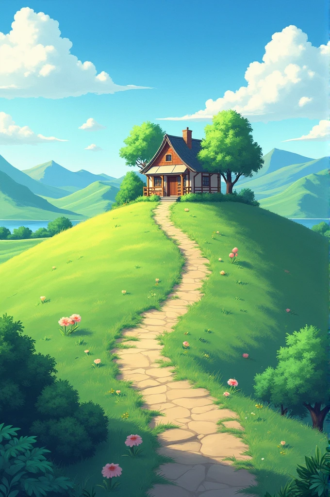there is a painting of a house on a hill with a path, anime countryside landscape, anime background art, anime landscape, beautiful anime scenery, anime scenery, anime scenery concept art, anime nature, beautiful anime scene, detailed scenery —width 672, anime landscape wallpaper, studio ghibli landscape, anime background, painted in anime painter studio, scenery artwork, background art
