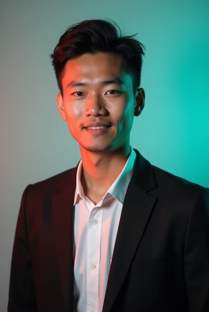 A Bangladeshi young man with dark spiky hair and a Round face. He is dressed in a black blazer over a white shirt. The man is positioned against aqus colour backdrop with a subtle red lighting on the left side and he posing for Linkedin profile