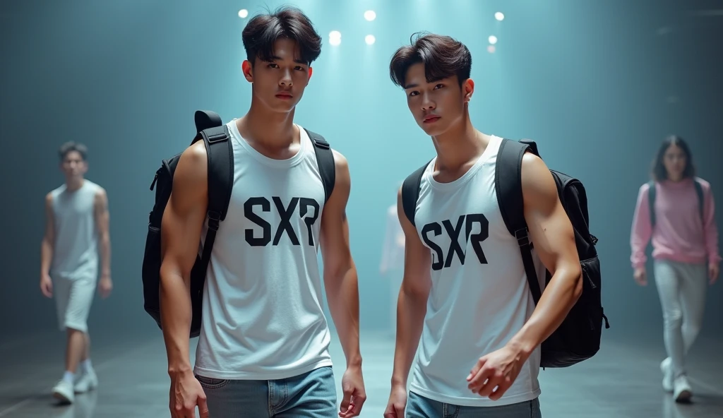 (photorealism:1.2), Two sportwear fashion handsome 18 yrs. old, k pop Asian male model, runway show full body holding sports bag pack, tank top casual wear style, SXR logo design, ultra-detailed, film photography, light leaks, trending on sportwear, sharp focus, studio photo, futuristic details, highly detailed
