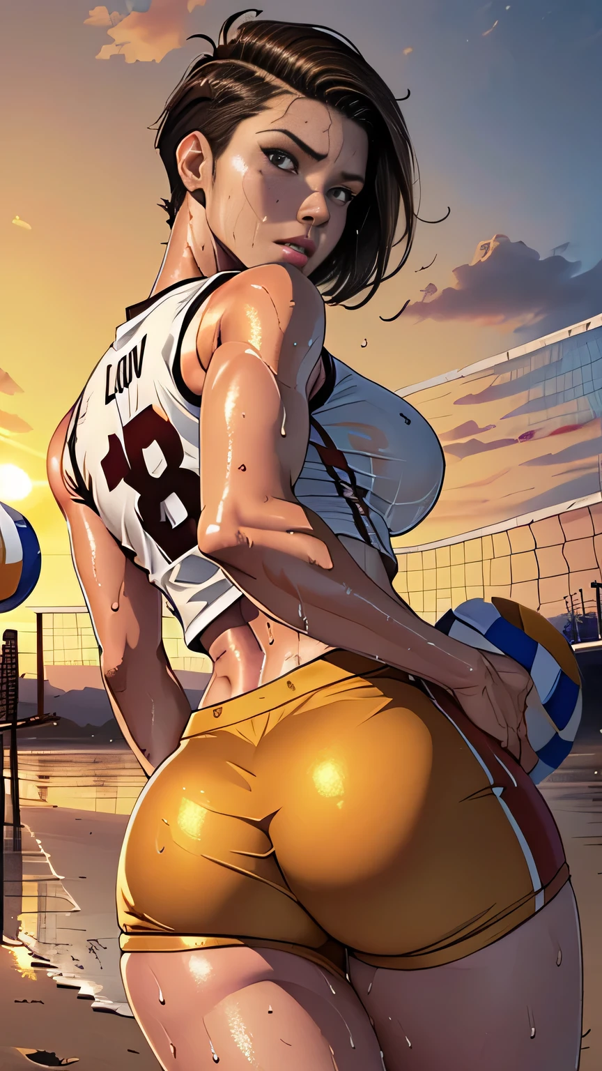 The woman, Bikini, micro Bikini, heels, hug heels, jungle, beach in the background, beach, Costa Rica, (((volleyball, becha boley, boley playa))) Very detailed, Realistic long-term photography., 4k, wide, brown hair, by the chestnut, Red lips, bracelet, sexy,red lips, brown eyes, big breasts, big breasts, Lucia Auditore