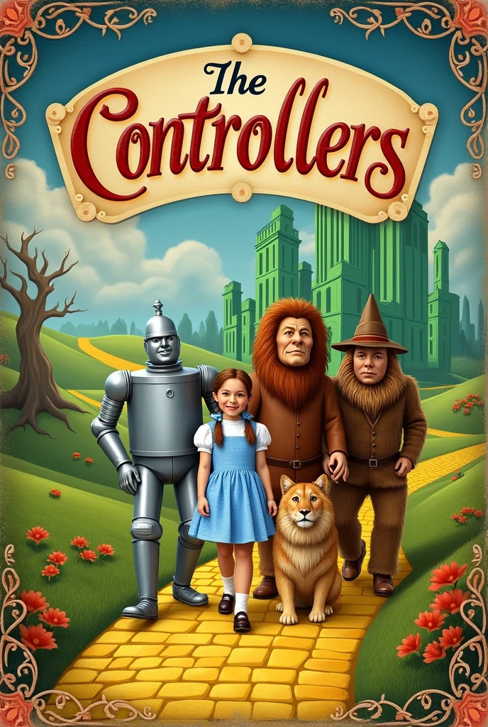 A cover just like the one in the movie "the wizard of oz" from 1939, put in the photo, a tin man, a scarecrow, a dorothy, a lion man and a dog, just like in the movie. Above the image, place the title in the same font as the original cover. " The controllers"