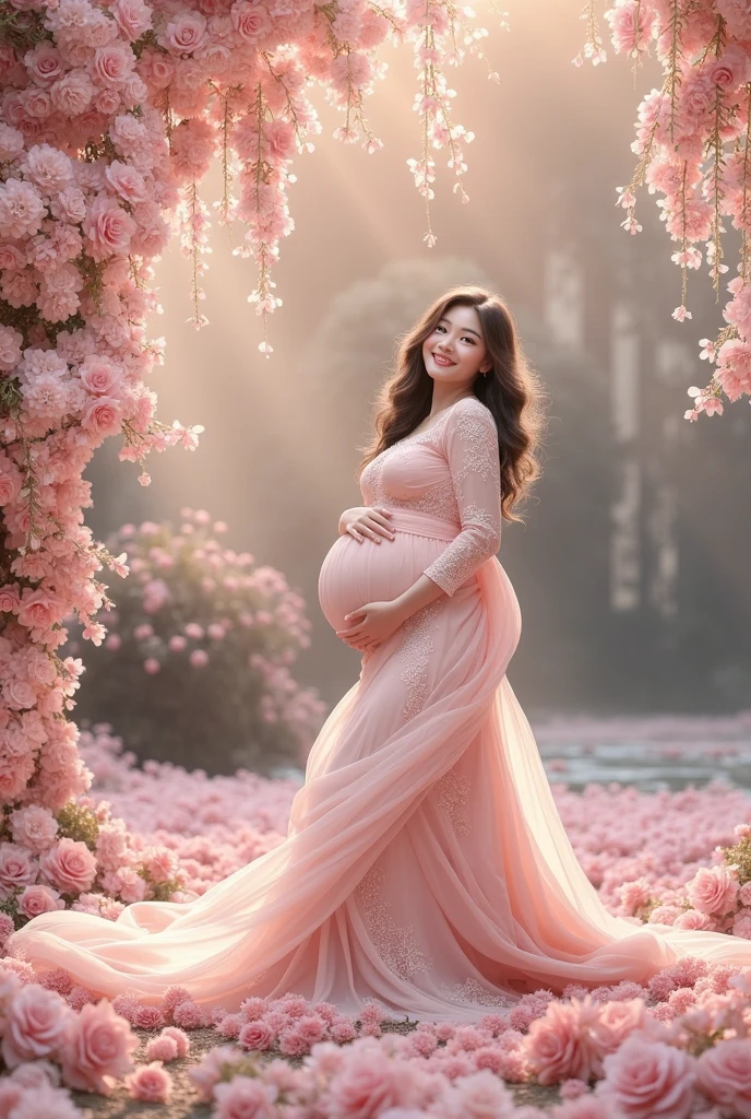 A beautiful and ethereal woman, her long hair adorned with flowers, her pregnancy glowing with life. A caring midwife attends to her, as the dark background is accented with vibrant blooms. Hyper-realistic full-color illustration, (best quality,4k,8k,highres,masterpiece:1.2),ultra-detailed,(realistic,photorealistic,photo-realistic:1.37),beautiful woman, pregnant woman, flowers in hair, long hair, midwife, dark background, floral accents, hyper-realistic, full color, vibrant colors, detailed portrait, intricate details