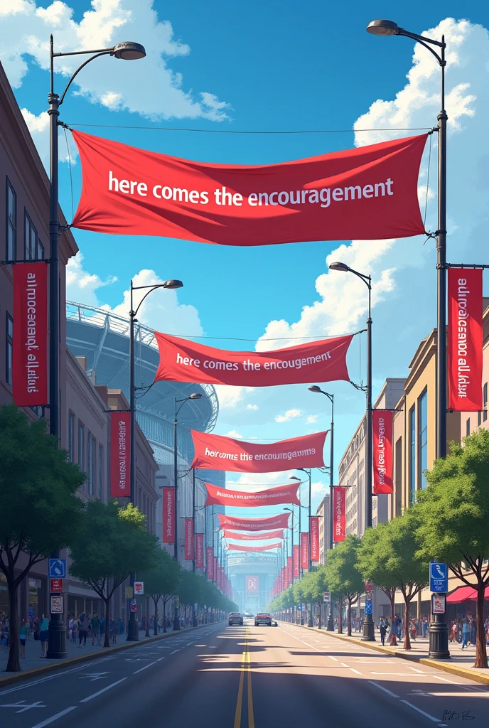 Generates an image of a street next to a stadium, where flags measuring 7 metres long and 1 metre high have been hung on light poles, on top of the light poles that say "Here comes the encouragement" Flags must be hung horizontally from one pole to the other. 