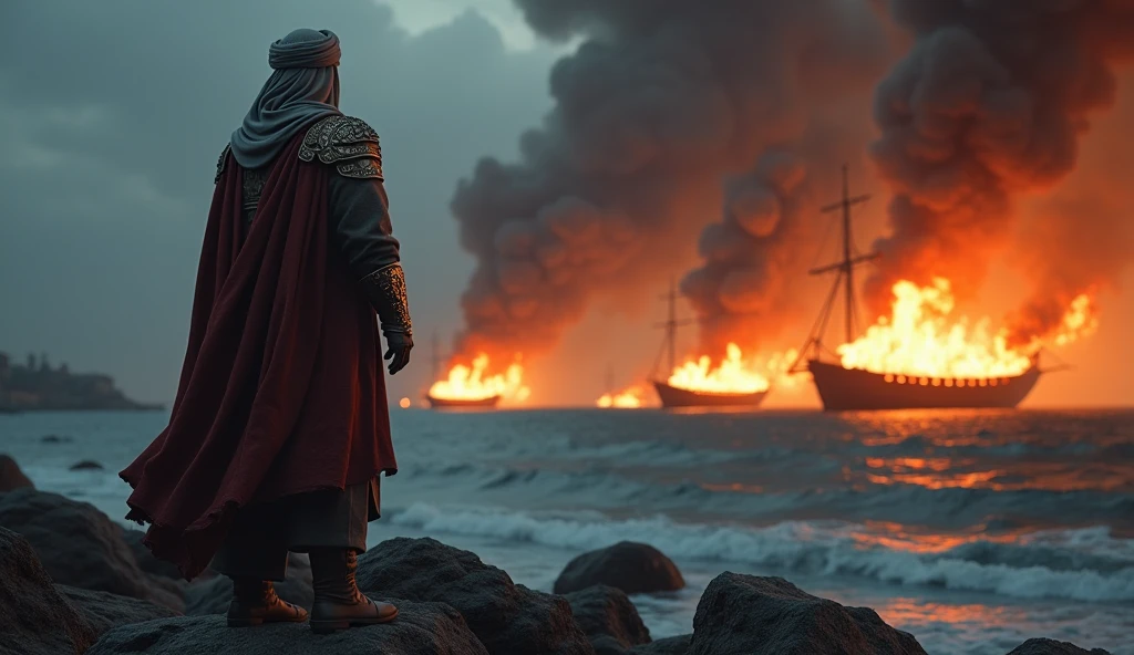 A highly detailed, ultra-realistic portrayal of Thariq bin Ziyad standing on a rocky shore, looking towards burning ships in the background. He should be in traditional Islamic warrior attire with a turban, leather, and iron armor.Burning Ships: Depict ships engulfed in flames on the horizon, with smoke rising into the sky, creating a dramatic and epic atmosphere.Background:Epic and Dramatic: A dark, smoky sky with the faint outline of a distant coastline. The background should be underexposed to enhance the drama and focus on the burning ships and Thariq bin Ziyad.Color Grading:Use cinematic color grading with a focus on deep shadows, warm orange glows from the fire, and contrasting cool blues in the sky and water.