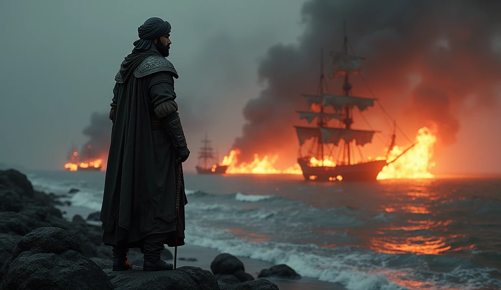 A highly detailed, ultra-realistic portrayal of Thariq bin Ziyad standing on a rocky shore, looking towards burning ships in the background. He should be in traditional Islamic warrior attire with a turban, leather, and iron armor.Burning Ships: Depict ships engulfed in flames on the horizon, with smoke rising into the sky, creating a dramatic and epic atmosphere.Background:Epic and Dramatic: A dark, smoky sky with the faint outline of a distant coastline. The background should be underexposed to enhance the drama and focus on the burning ships and Thariq bin Ziyad.Color Grading:Use cinematic color grading with a focus on deep shadows, warm orange glows from the fire, and contrasting cool blues in the sky and water.