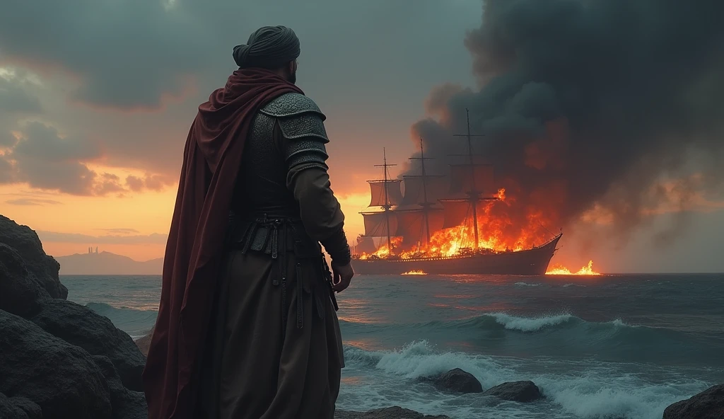 A highly detailed, ultra-realistic portrayal of Thariq bin Ziyad standing on a rocky shore, looking towards burning ships in the background. He should be in traditional Islamic warrior attire with a turban, leather, and iron armor.Burning Ships: Depict ships engulfed in flames on the horizon, with smoke rising into the sky, creating a dramatic and epic atmosphere.Background:Epic and Dramatic: A dark, smoky sky with the faint outline of a distant coastline. The background should be underexposed to enhance the drama and focus on the burning ships and Thariq bin Ziyad.Color Grading:Use cinematic color grading with a focus on deep shadows, warm orange glows from the fire, and contrasting cool blues in the sky and water.