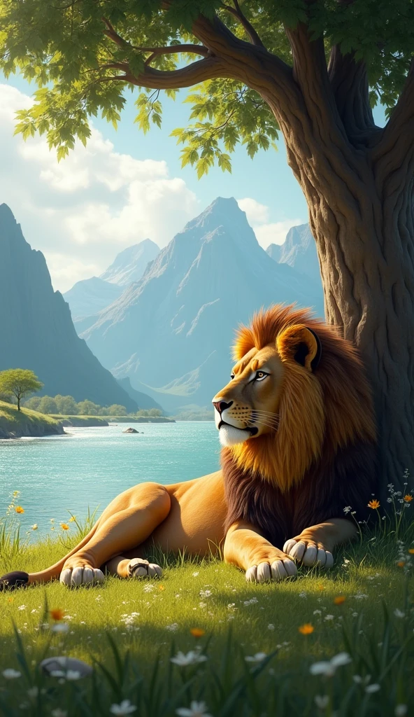 A lion lying serenely in the shade of a tree, sparkling river in the background and mountains in the distance, tranquility and peace dominating the scene, digitl art, rendering with soft lighting, earthy color palette, --ar 16:9 --v 5