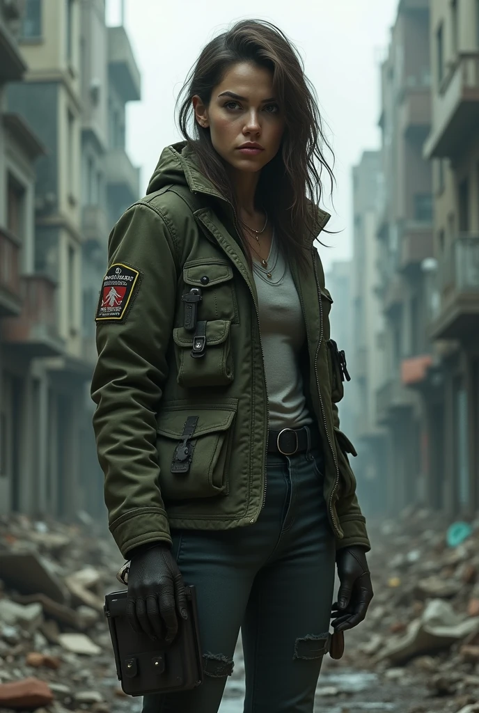 Woman in jacket armed in the middle of zombie apocalypse city 