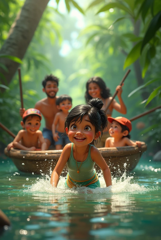 Latina girl playing in the Amazon rivers with her family and friends drawing pixar style