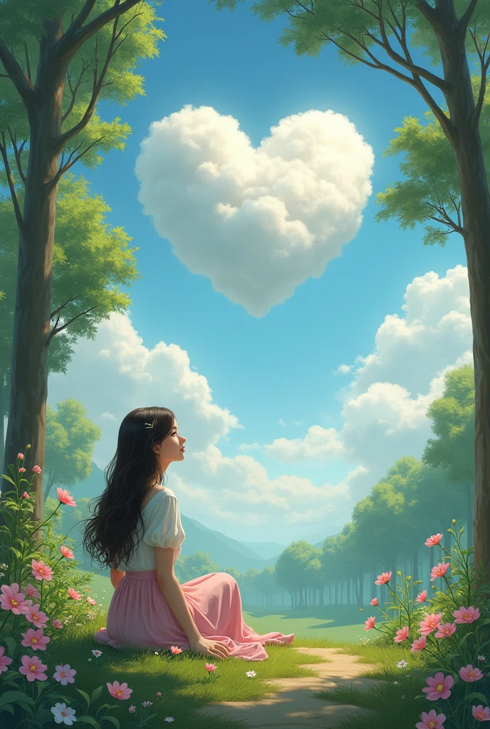 A beautiful girl sitting in park and that park contains beautiful nature trees contain a beautiful flowers and that girl looking into the sky in that sky heart shape cloud is formed 