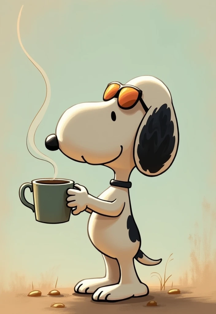 A drawing of Snoopy, the famous dog from the comic strip 'Peanuts'. He wears sunglasses and a shirt. He is standing and (((leaning against his doghouse in the background))). Snoopy is holding a coffee mug, with steam rising from it. The drawing style is composed of firm and bold lines., Handmade, no shading. The overall look is clean and minimalistic, with precise and confident features, emphasizing the character and the scene.