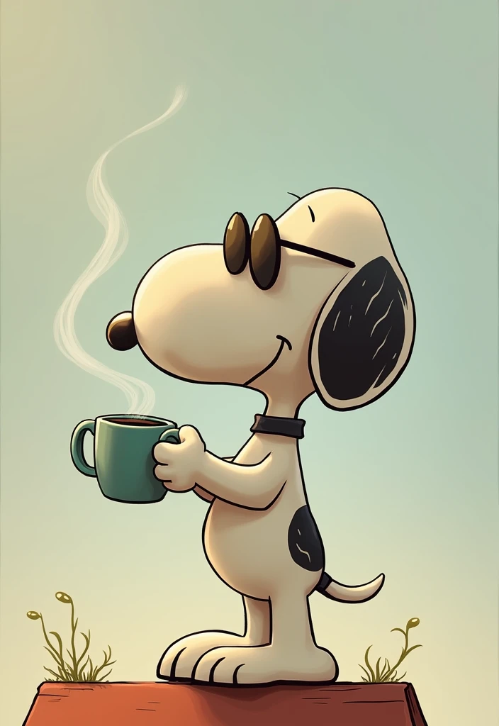 A drawing of Snoopy, the famous dog from the comic strip 'Peanuts'. He wears sunglasses and a shirt. He is standing and (((leaning against his doghouse in the background))). Snoopy is holding a coffee mug, with steam rising from it. The drawing style is composed of firm and bold lines., Handmade, no shading. The overall look is clean and minimalistic, with precise and confident features, emphasizing the character and the scene.