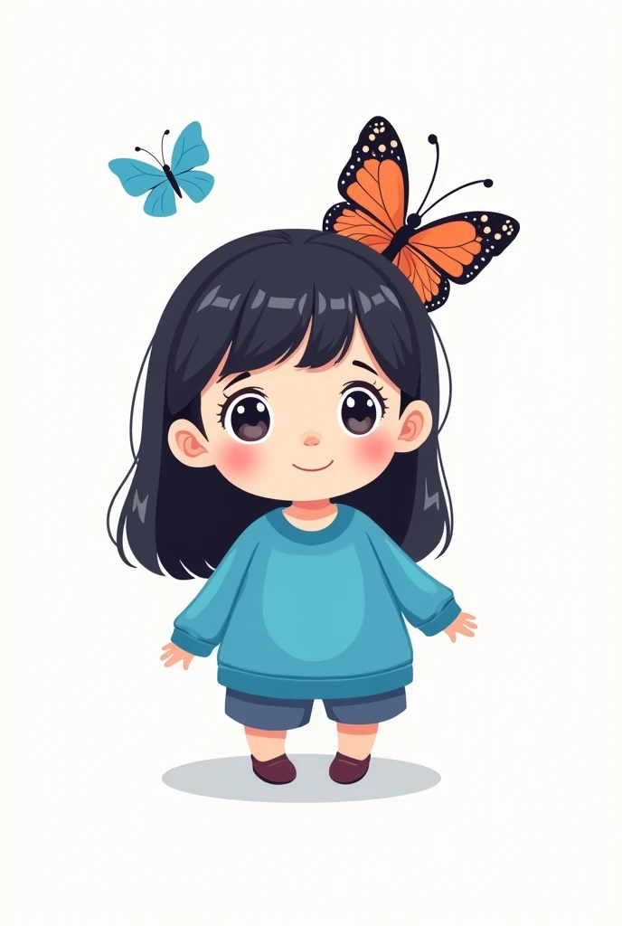 A cute little butterfly with long straight black hair and a blue outfit on a white background in the shape of a cartoon for a brand logo and that she is a little less white and that she is looking at the screen that she is small and cute like a cartoon a little chubby and brown