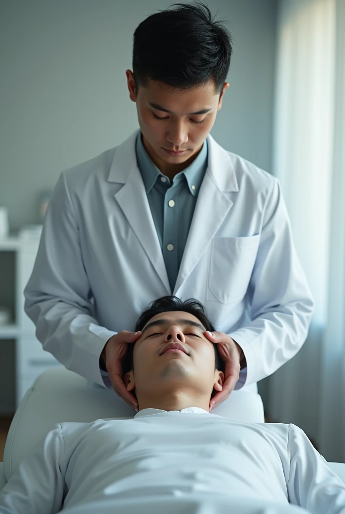 an anonymous doctor, putting his hands on the head of a young man with his eyes closed, This young man is lying on a stretcher or piece of furniture, The doctor is behind the boy. They are like in an office or doctor's office.