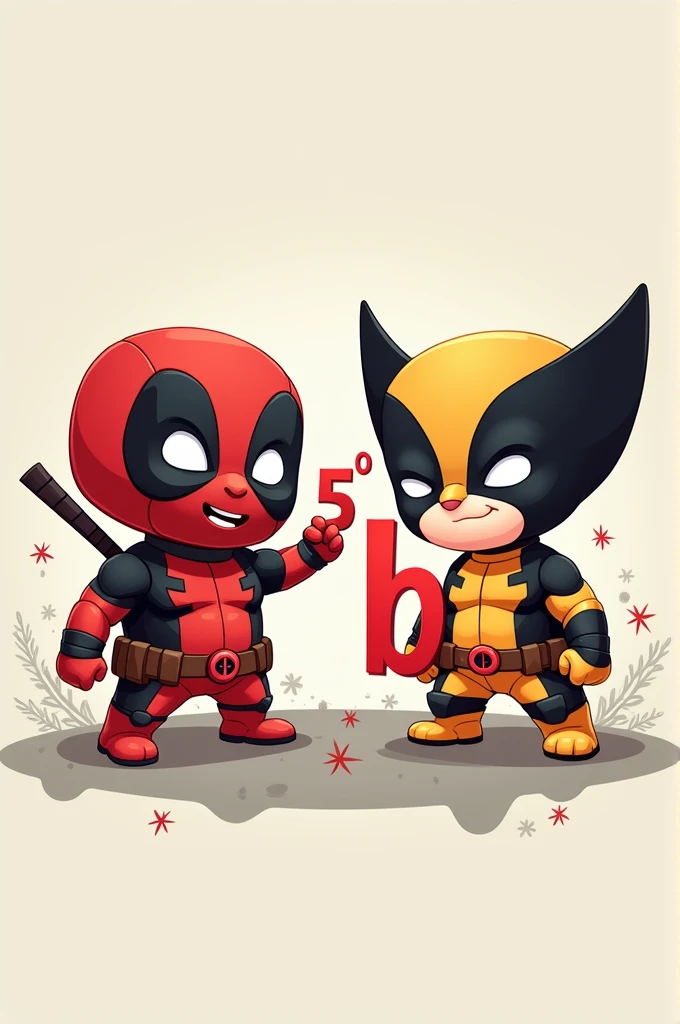 Deadpool and Wolverine Chibis Characters, In the middle in large letters the following text: 5° "b"