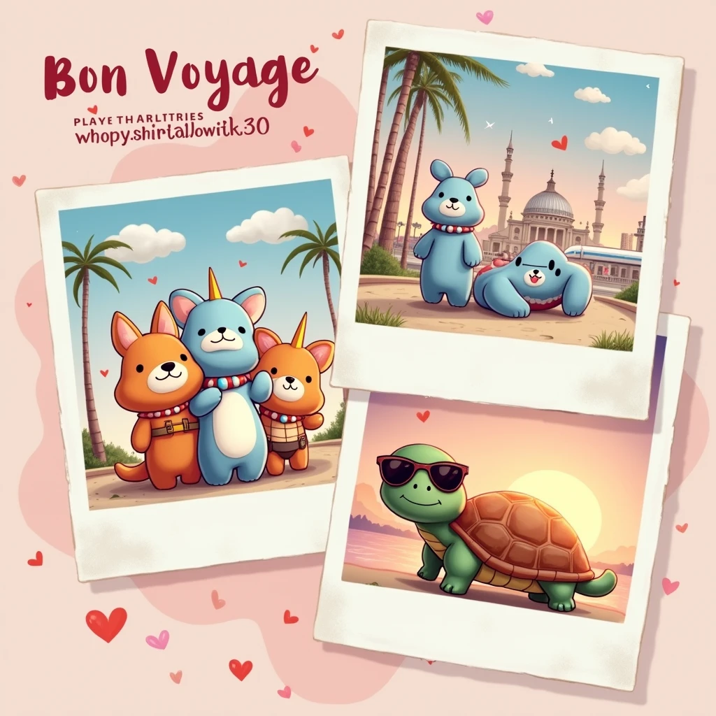 "Create a realistic colored pencil painting style illustration, with good layout and design features. A imagem deve ser ((glad)), with good contrast, fine and delicate strokes, cute and fun, intended for the public . The illustration features three polaroid-style photos, each showing a Squishmallows in different situations during a trip. Squishmallows look like teddy bears: in the first photo, um Squishmallows raposa laranja glad tirando uma foto em frente a um famoso ponto turístico; In the second photo, a blue unicorn Squishmallows with big round eyes carrying a suitcase at an airport; and in the third photo, um Squishmallows tartaruga glad usando óculos de sol enquanto relaxa em uma praia tropical. The photos are random, portraying different places and travel situations. The art, Em geral, presents a distribution that resembles shirt prints, avoiding a rectangular shape. Below this scene, there is text that says 'Bon Voyage' in a stylized font that suggests a vibe of adventure and exploration. The font color transitions from pink at the top to yellow at the bottom, imitating a sunset. This image evokes nostalgia for travel and adventure, symbolizing freedom and leisure."