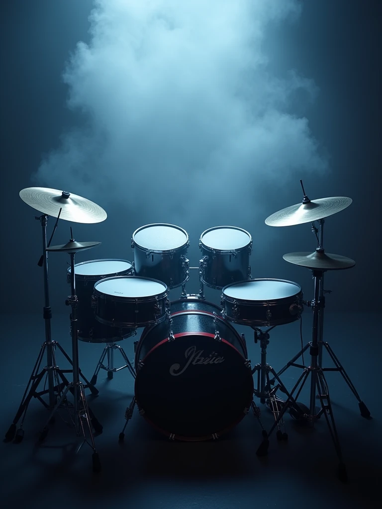 A full set of Electric drums in low lighting in a smoky room full colour hires hd photorealistic