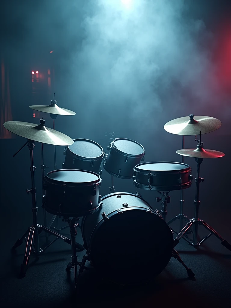 A full set of Electric drums in low lighting in a smoky room full colour hires hd photorealistic