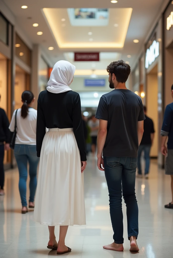 European white headscarf, black long sleeve t shirt, white skirt, barefoot, Woman talking to male friends in shopping mall.