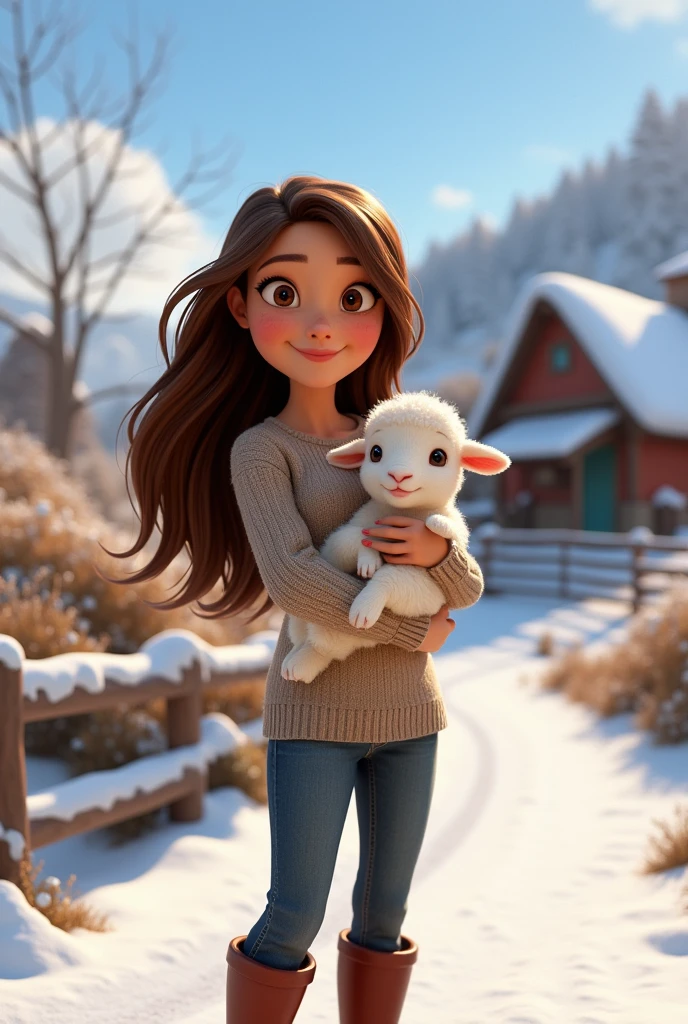 Generate an image of a with long brown hair wearing rubber boots and a newborn sheep, snow white on a farm, The image must be consistent and in Disney Pixar's distinctive 3D animation style.