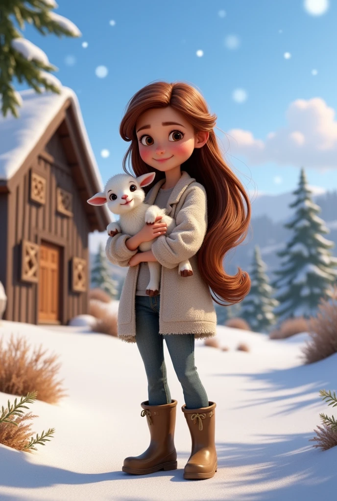 Generate an image of a with long brown hair wearing rubber boots and a newborn sheep, snow white on a farm, The image must be consistent and in Disney Pixar's distinctive 3D animation style.
