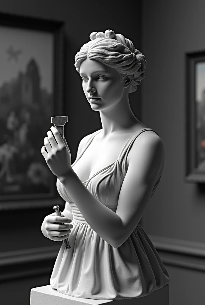 Image en noir et blanc d'une statue de femme en robe, ses bras et ses mains muni d'un marteau et d'un petit burin, se sculte elle meme, pour former son buste. Elle taille dans son propre marbre. Le fond d'image est dans un musée (floutée) avec des tableau (en couleurs).