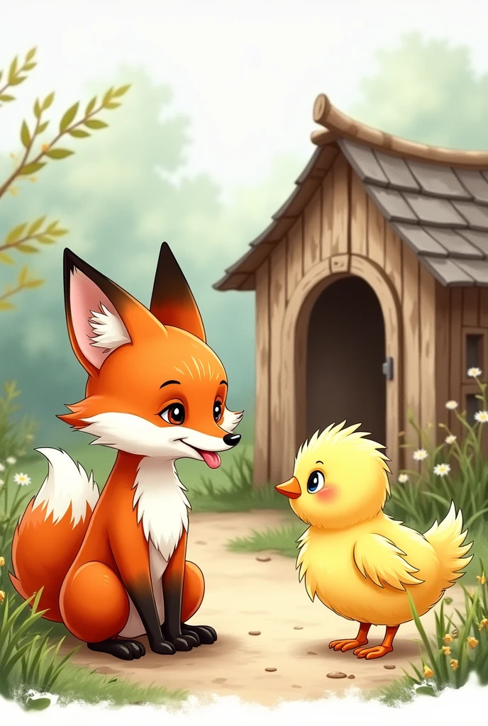 Dessin histoire pour enfant, dessin mignon, un renard adulte qui se lèche les babines, discute avec un poussin devant un poulailler 