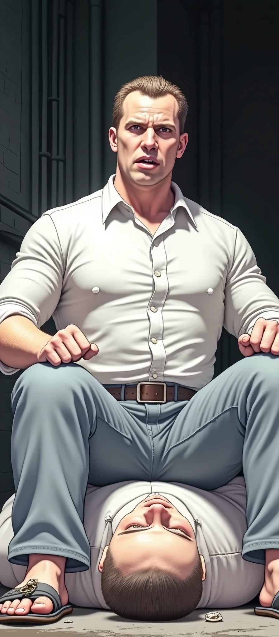Change the image and put him sitting on top of another man , the image has to be realistic