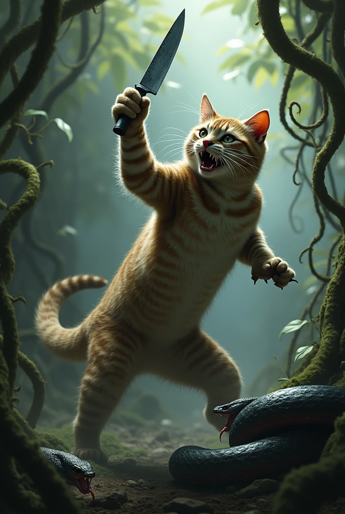 Cat kills a snake with knife