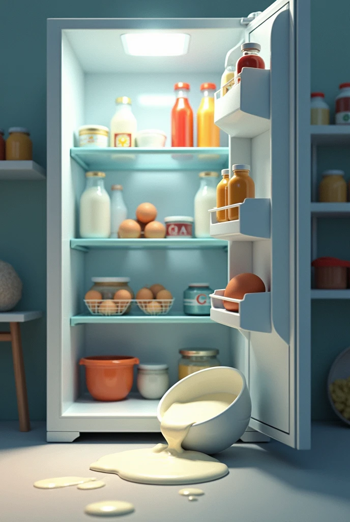 You have opened a refrigerator.draw interior scene of the refrigerator in one point perspective. Include things you will find in a regular refrigerator.a curd bowl has tripped and curd has fallen down . Draw what you see 
