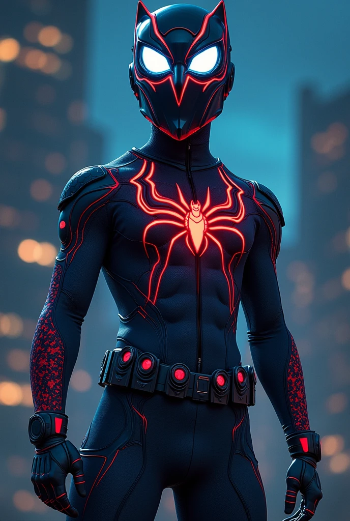 In comic book style, Nightwatcher to nastoletni superbohater o niezwykle intrygującym wyglądzie. His costume is made of flexible spandex and nanomaterials., which gives it both flexibility, as well as protection. The dominant colors in the outfit are dark gray., czerwony i granatowy, which create a strong contrast and give it a menacing look, but dynamic character.
Nosi zaawansowany technologicznie hełm o aerodynamicznym kształcie. Its surface has integrated white bionic sharp owl-style eyes.
There is a unique emblem on the chest, which is inspired by four animals: węgorzem, a spider, snow leopard and owl. His hands, łokcie, the shoulders and waist are decorated with round emblems. The whole costume has an eel-style pattern, snow leopard and spider. He stands in a dynamic pose on the roof of a building at night..
