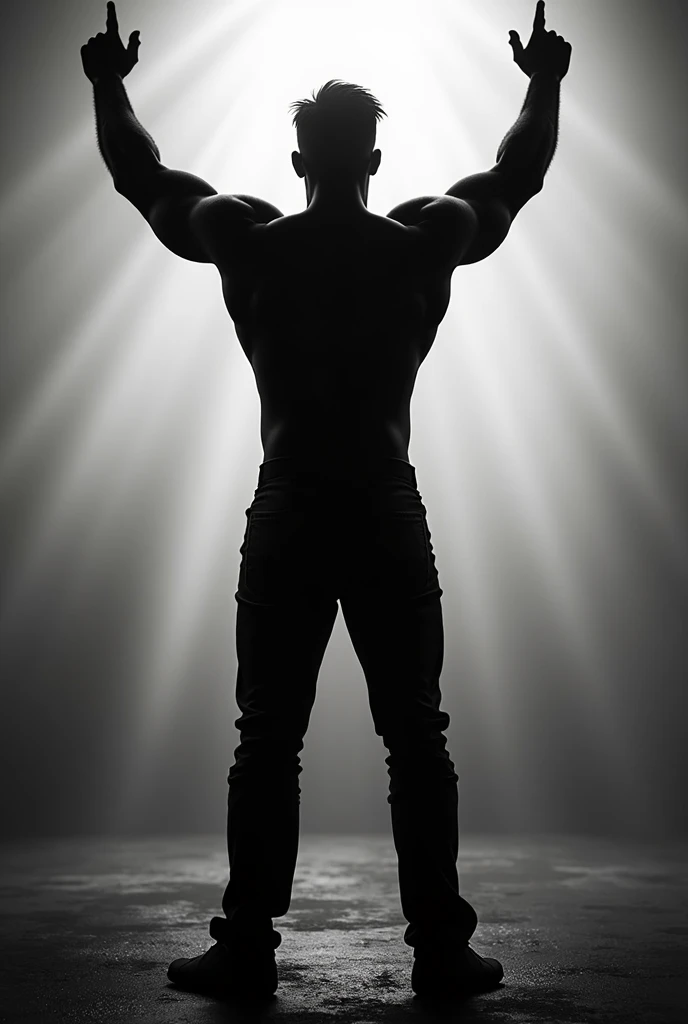 perfect blur-free silhouette of a man from behind with his arms raised making the rock sign