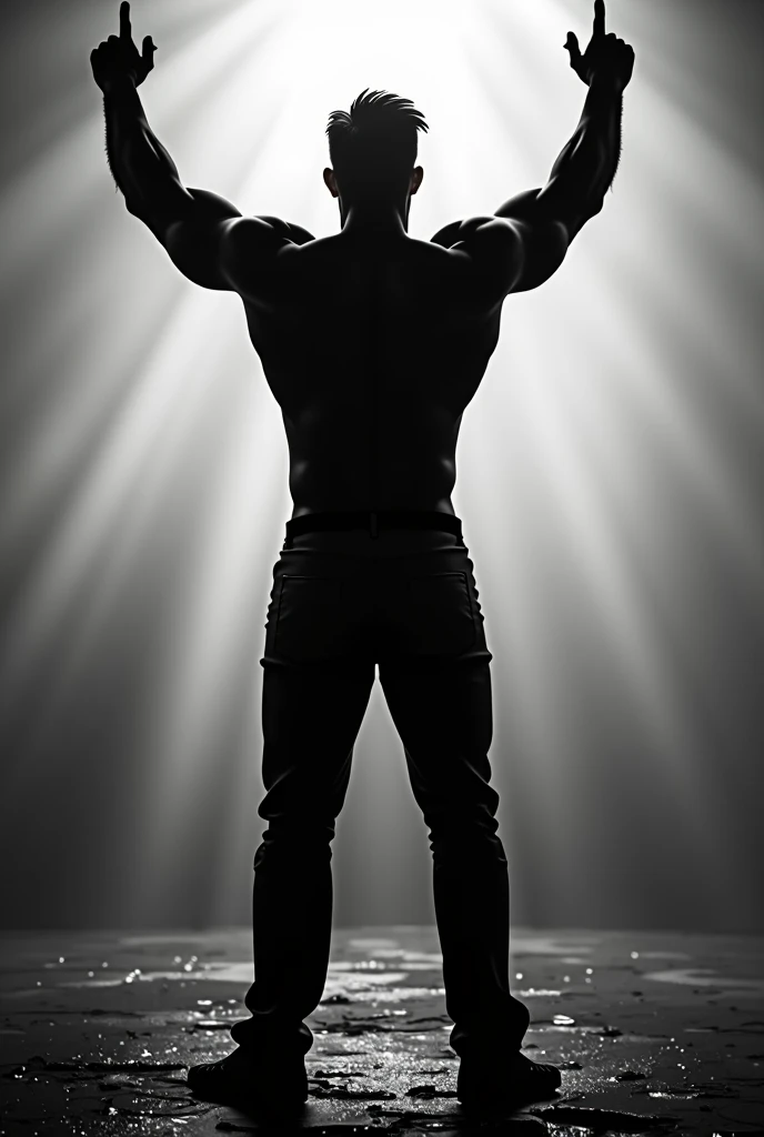 perfect blur-free silhouette of a man from behind with his arms raised making the rock sign