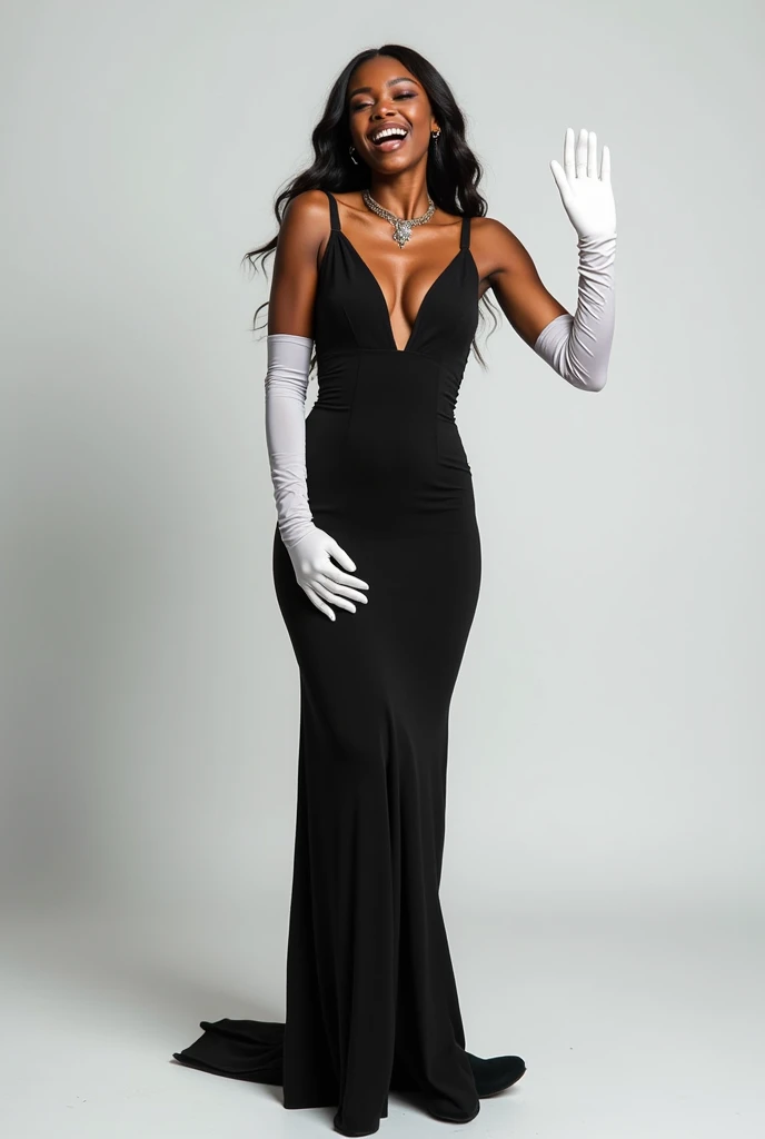 Cute black girl 1, (((black girl))), (((black ebony skin))), (((modeling in studio))), modeling, long white gloves, arms up modeling, long narrow designer dress black, short boots, visible fancy jewelry, (((model pose))), laughing, professional photo studio, photo studio