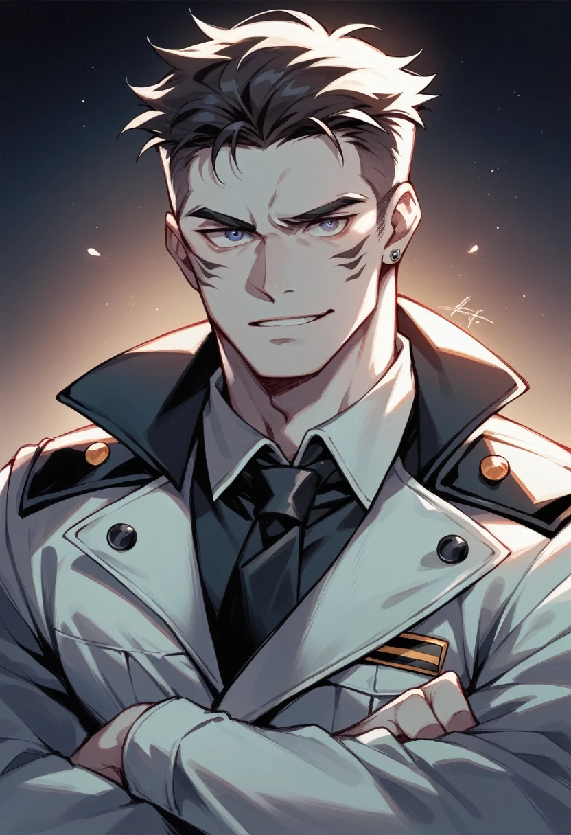 make a portrait of a security guard named mike schmidt from fnaf where he holds a flashlight in his hand dressed in a security uniform with a dark background and on his face he has expressions of astonishment