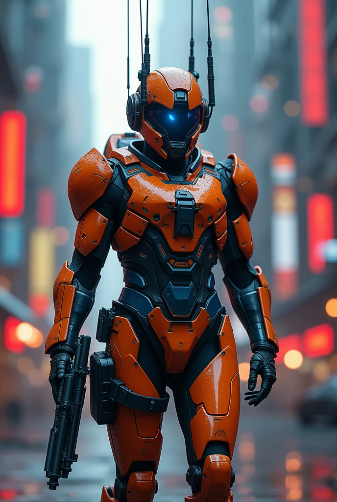 Soldier in futuristic orange and blue armor with multiple antennas on the sides. In addition, He has two mini-machine guns on his legs. The soldier is in a city with red LEDs