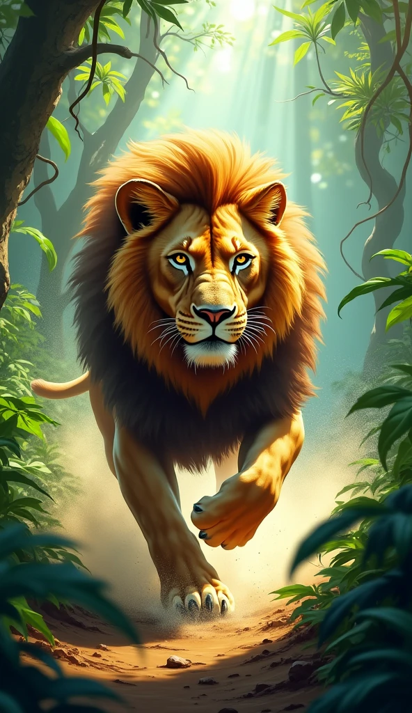 Lion running with impressive speed through a dense rainforest, its strong paws raising leaves and dust, Sunbeams filtering through the trees, atmosphere of adrenaline and brute force, digital illustration, rendered with dynamic motion effects, --ar 16:9 --niji
