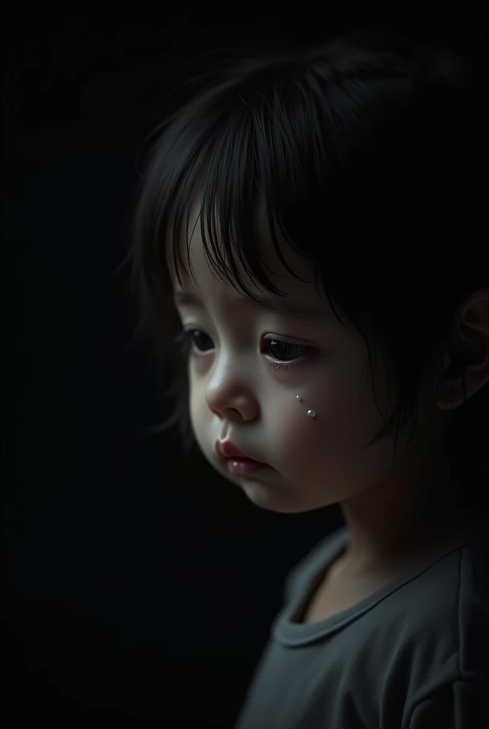 Hello, I need to generate an image with a black background, of a sad half-body child