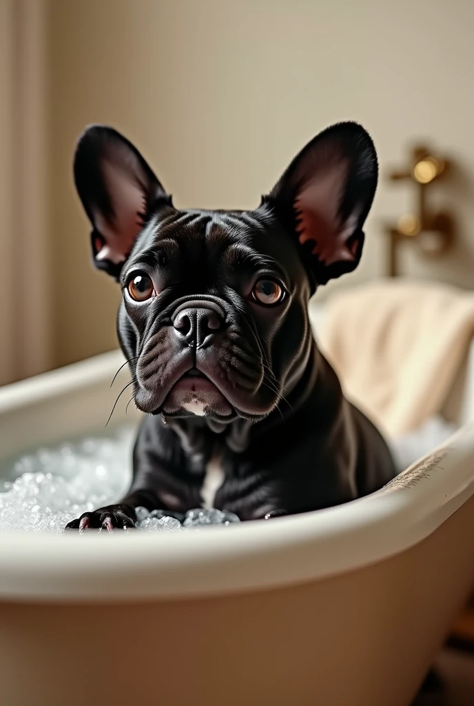 a black french bulldog in the bath