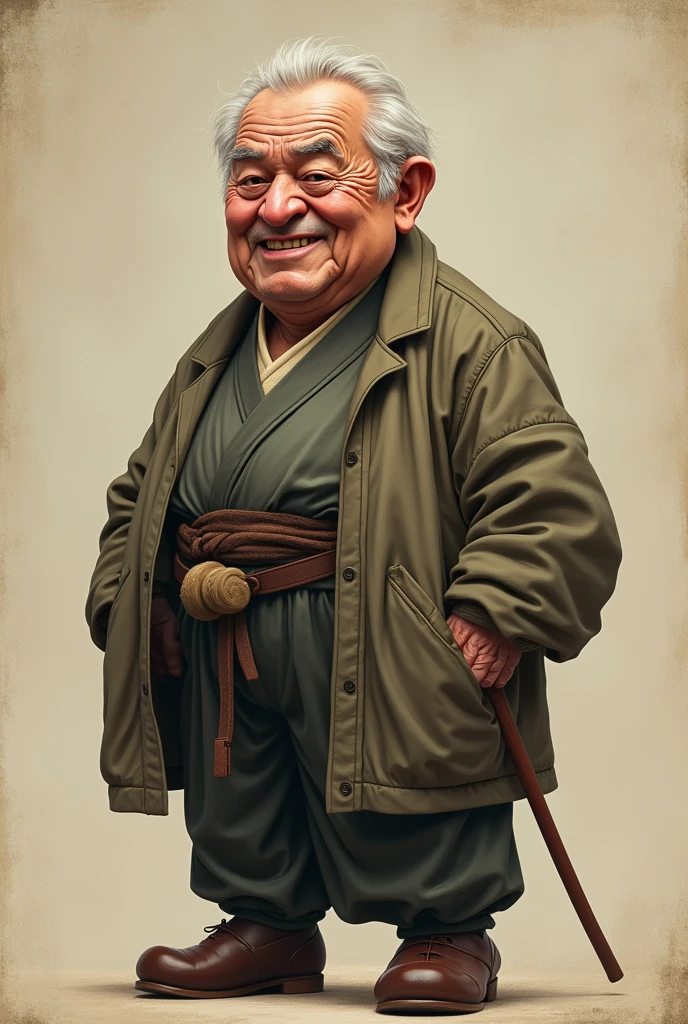 make ,a realistic full body shot,exagerrated ,caricature ,of japanese man , This masterpiece captures the essence of the era, radiating nostalgia and vintage charm.,simple background.high detail