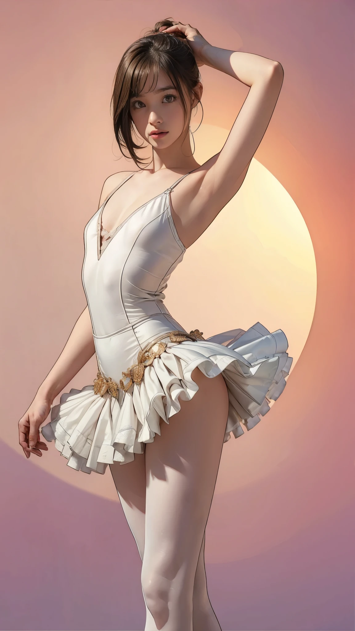 最high quality, High resolution, Photorealistic, Perfect Anatomy, Very detailed, Detailed face, Detailed body, high quality, Ballet Dancer, Tutu, pretty girl, :1.4, Young face, Bobcut, Small breasts, ballerina, Very slim:1.6, Very thin waist:1.4, Sexy standing pose, Raise your arms:1.3, Show your armpits:1.3